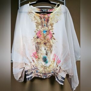 Women's Large, flowy, cream & gold, faux gems, blouse.